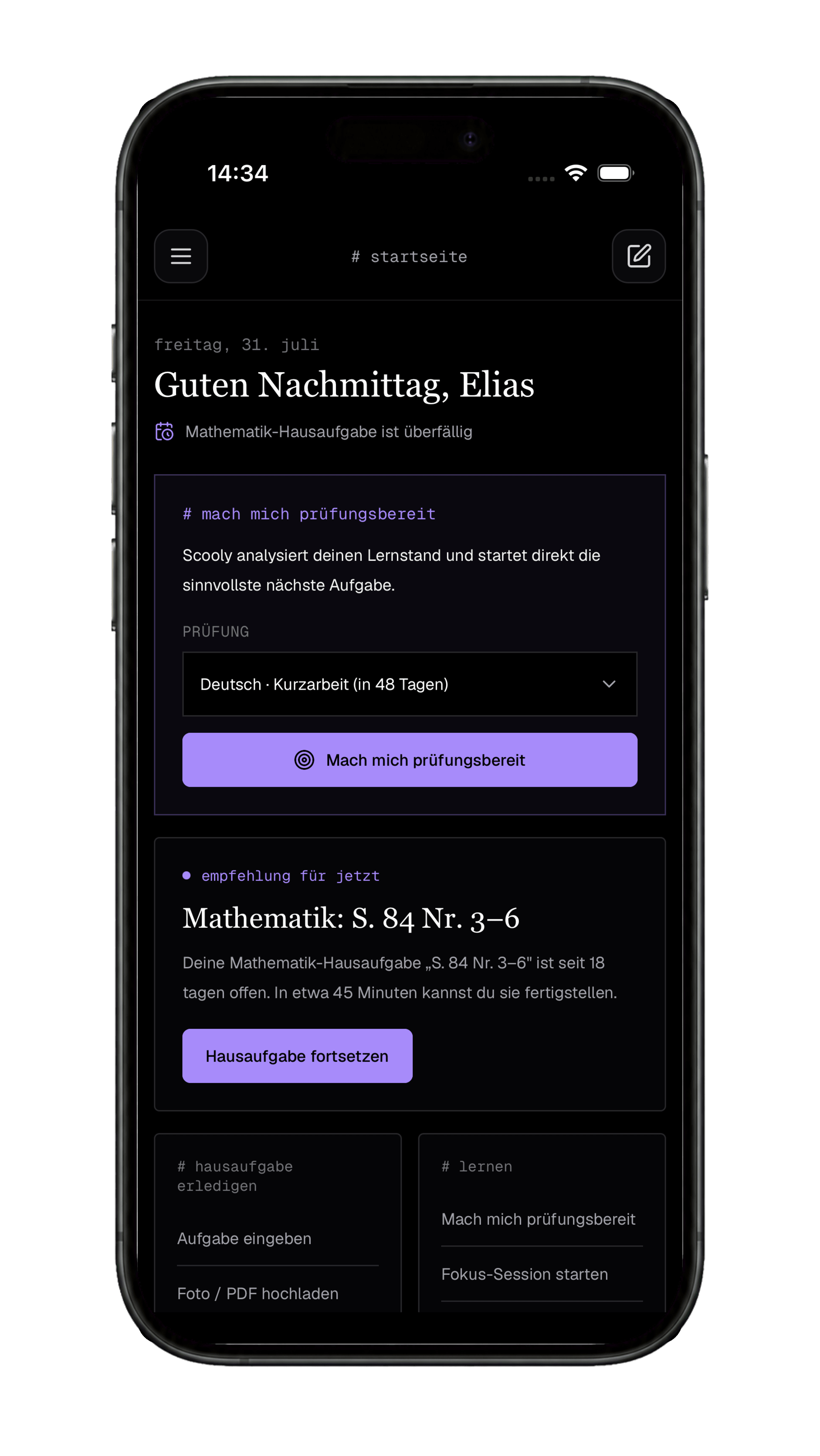 Die Startseite der Scooly-App: überfällige Aufgaben, die nächste Prüfung und der nächste sinnvolle Schritt.