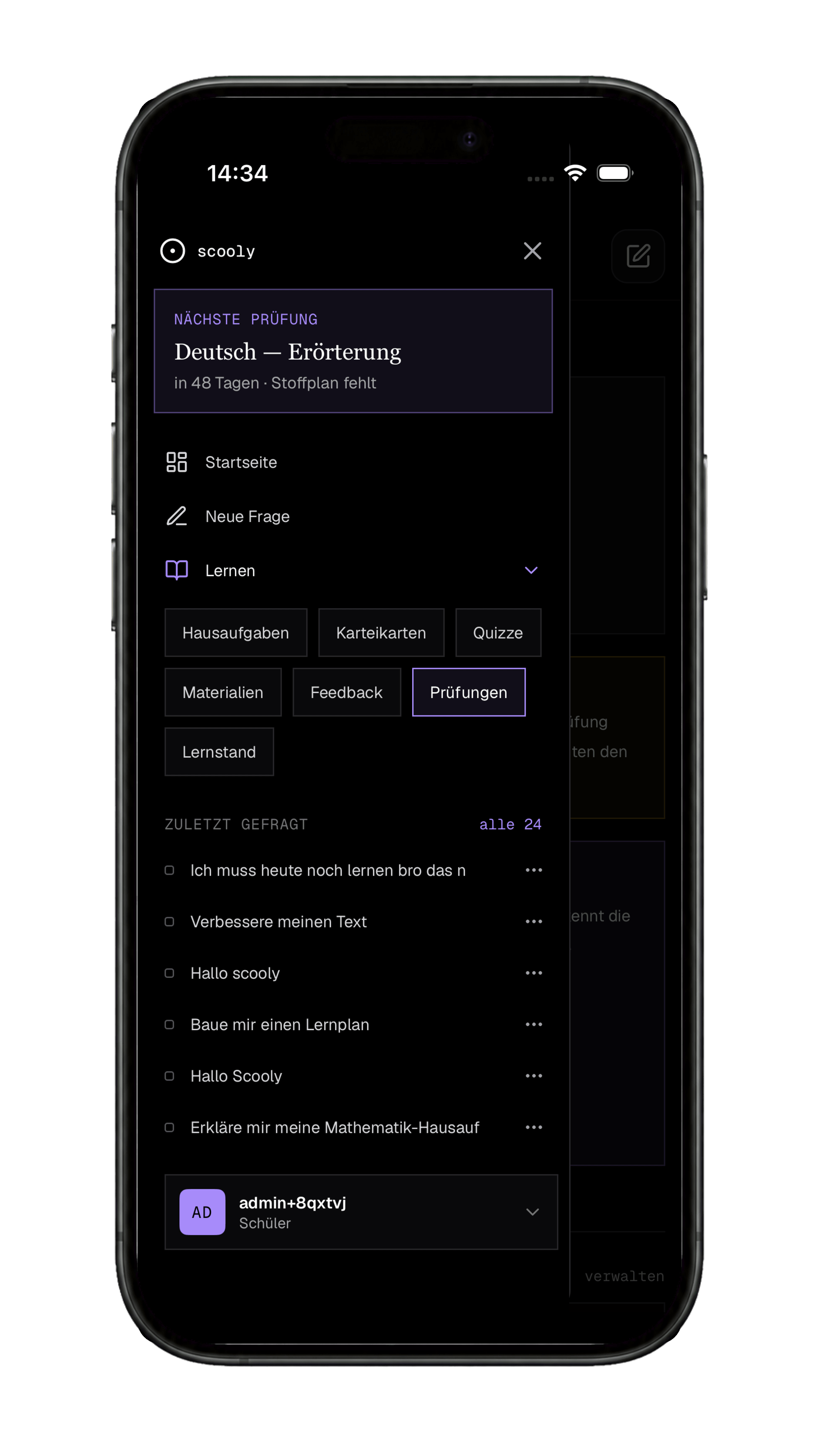Die Navigation der Scooly-App mit allen Bereichen