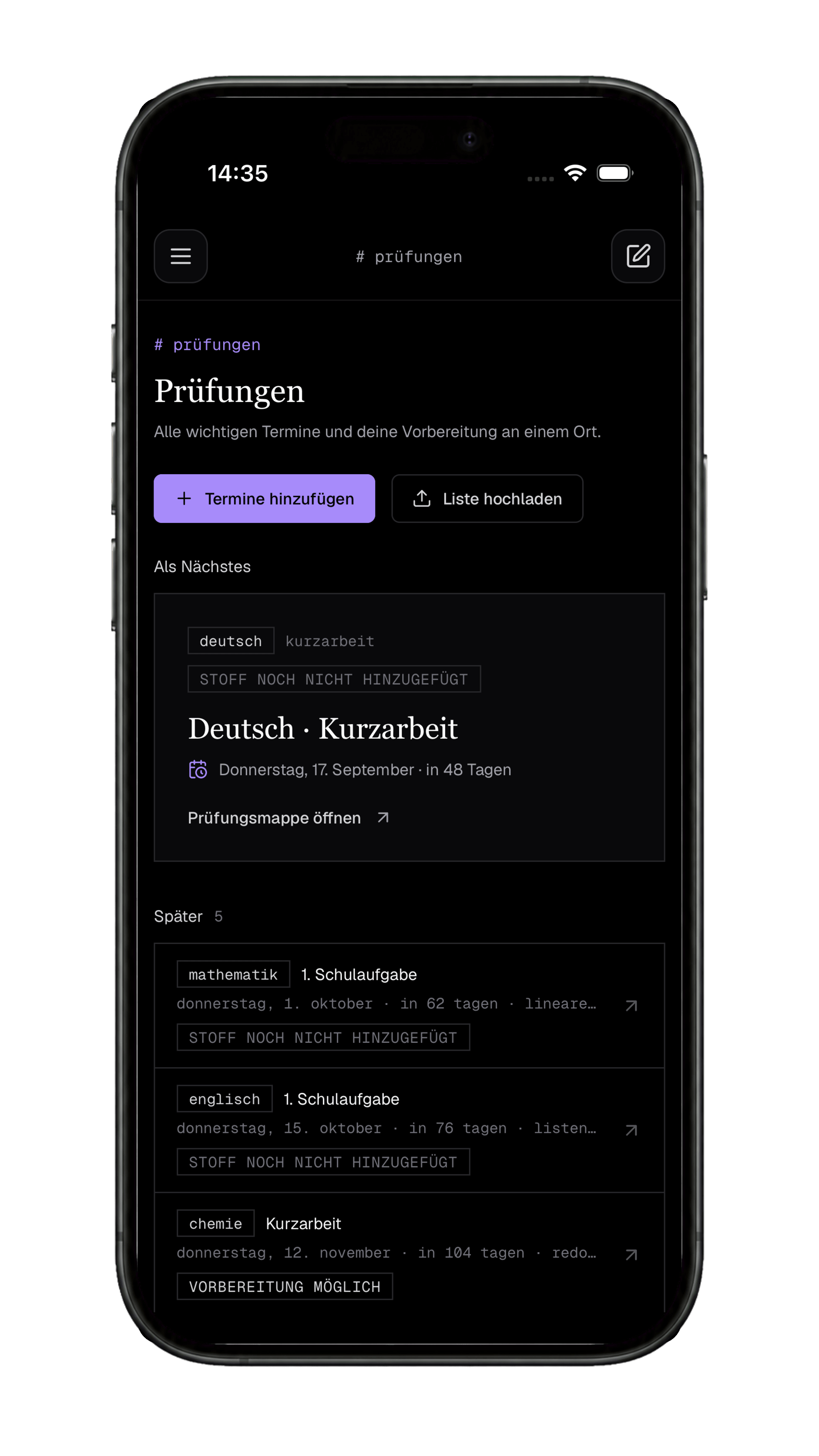 Die Prüfungsübersicht mit Terminen und verbleibenden Tagen